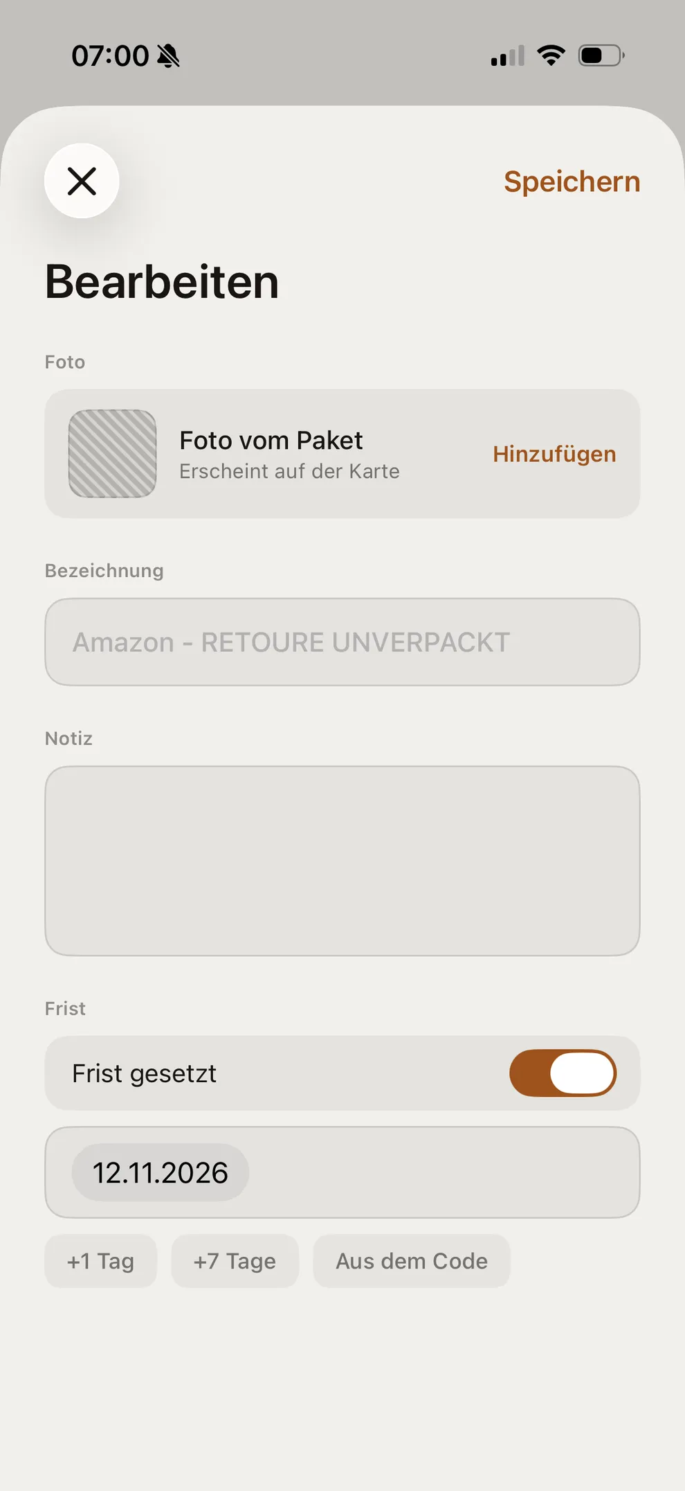 PaketQR — Umbenennen, Inhalt notieren, eigene Frist setzen.