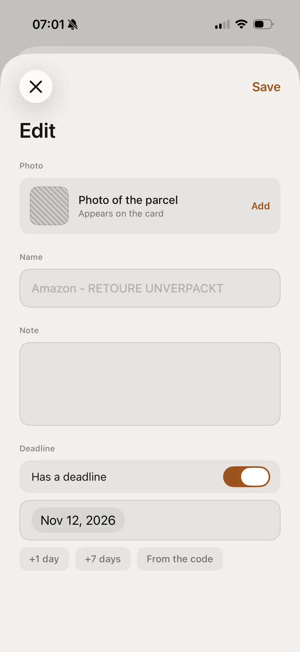 PaketQR — Rename it, note what is inside, set your own deadline.